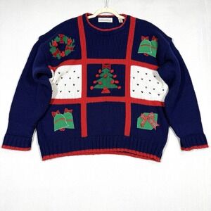 Vintage Christmas Sweater Womens 2X Patchwork Wreath Bells Gifts Country Cottage